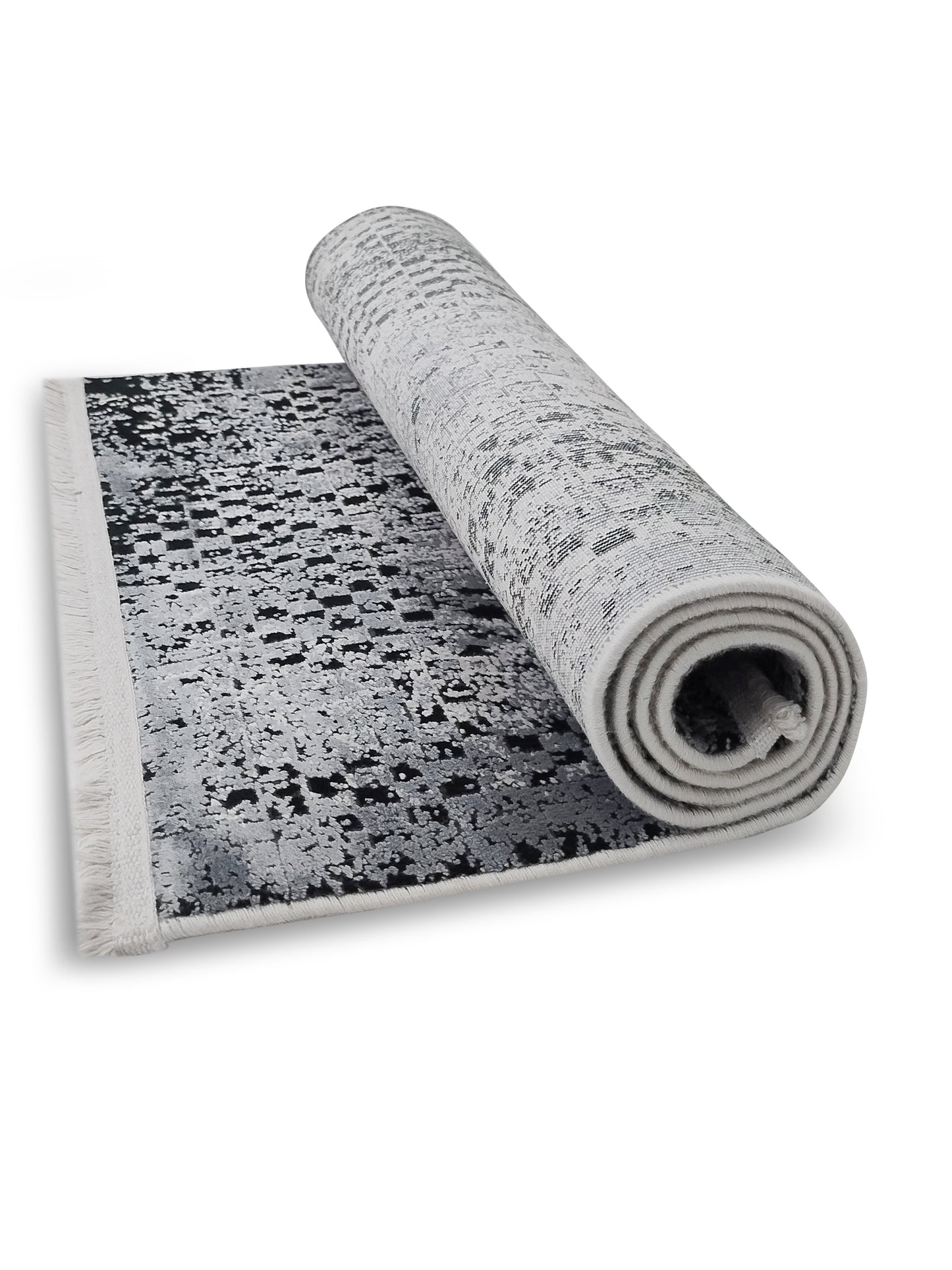 Grey White Distressed Grid Runner – Modern Abstract Textured Runner