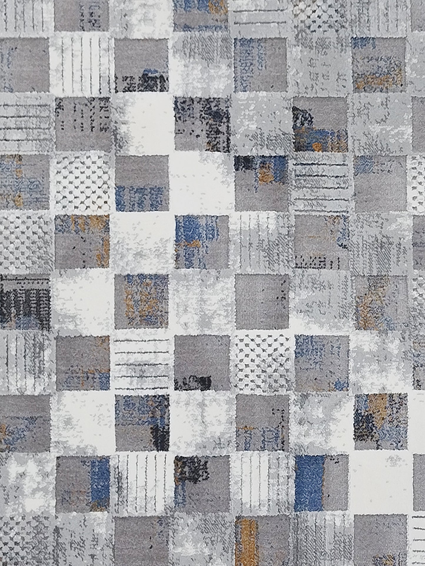 Patchwork Checkered Carpet – Modern Grey Blue Rug for Living Room & Bedroom