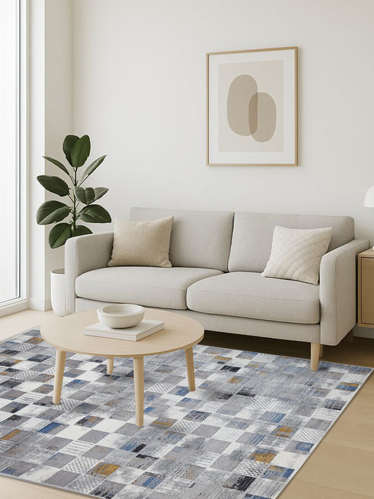 Patchwork Checkered Carpet – Modern Grey Blue Rug for Living Room & Bedroom