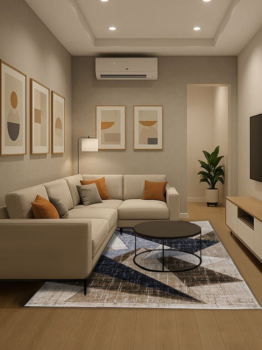 Beige, Grey & Black Geometric Carpet – Modern Abstract Polygon Pattern