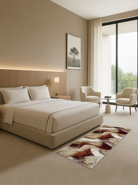 Beige Red Abstract Wave Runner – Modern Plush Textured Floor Runner