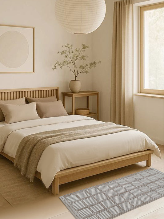 Ivory & Taupe Grid Pattern Cotton Runner – Modern Handwoven Bedside & Hallway Carpet