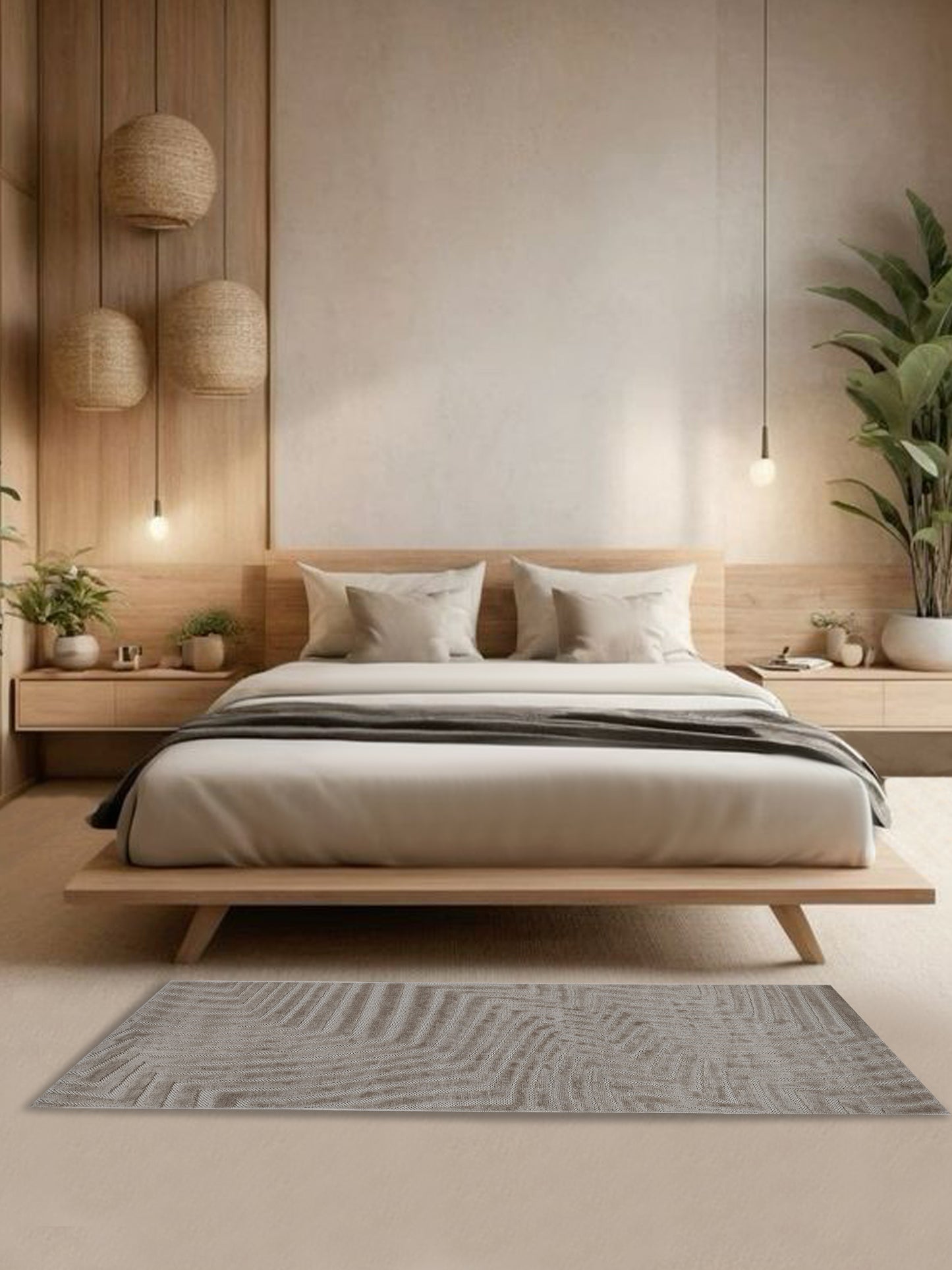 Taupe Maze Geometric Textured Runner – Modern Minimalist Bedside & Hallway Carpet