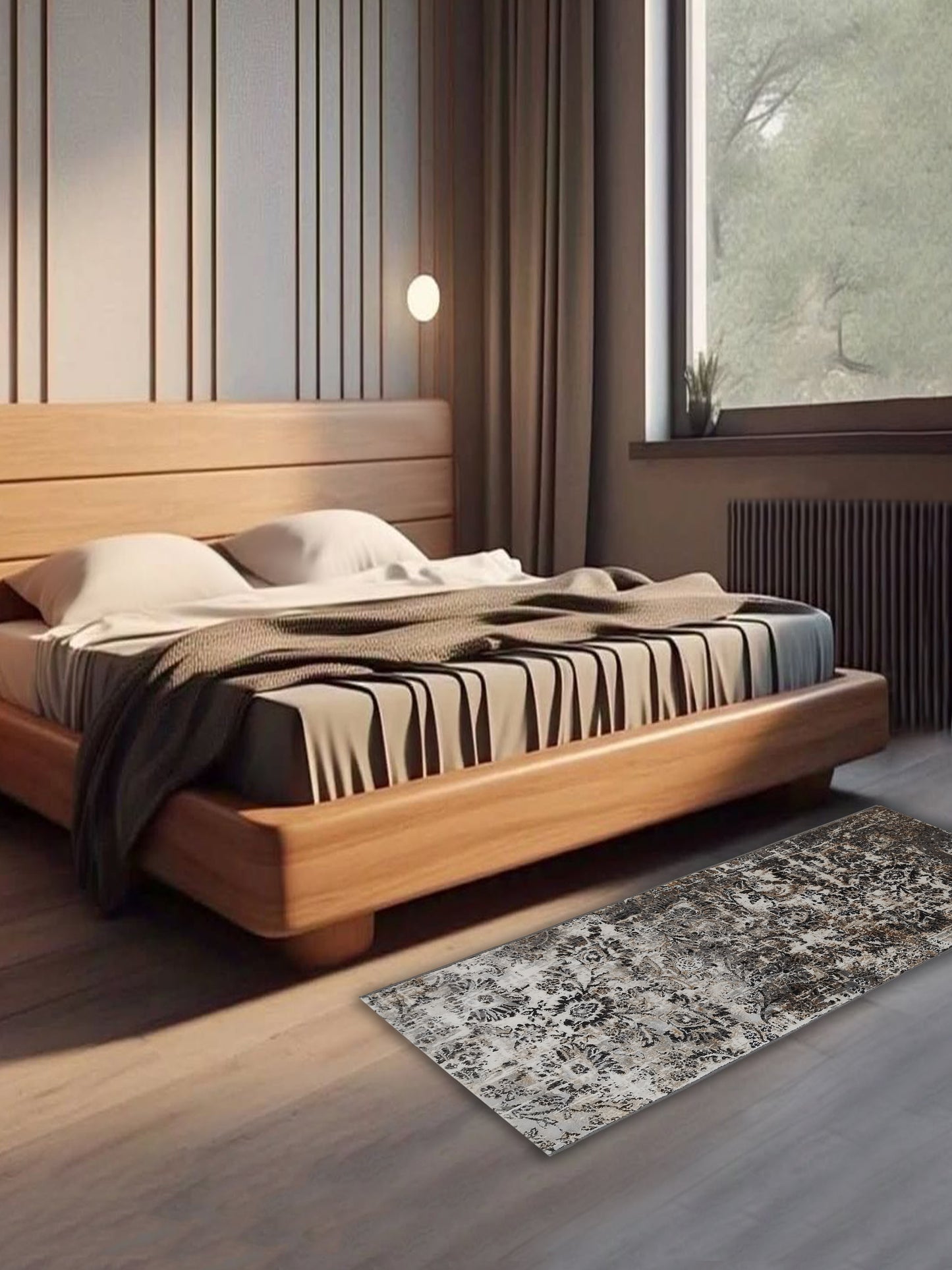 Grey Brown Distressed Floral Runner – Modern Textured Bedroom & Hallway Runner