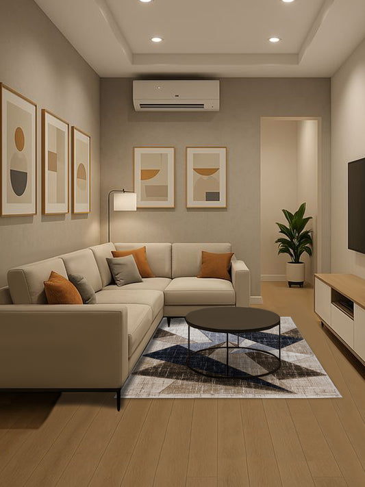 Beige, Grey & Black Geometric Carpet – Modern Abstract Polygon Pattern