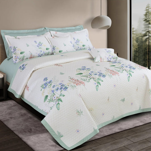 White King Size 5 Piece Quilted Floral print Bedcover Set (100% Cotton)