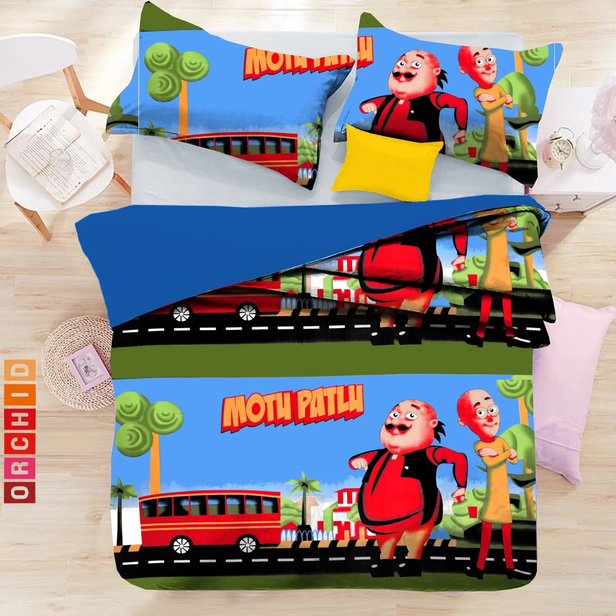 SUCCESS Kiddoz Collection Motu Patlu Cartoon Print 1+1 Single Bedsheet Set