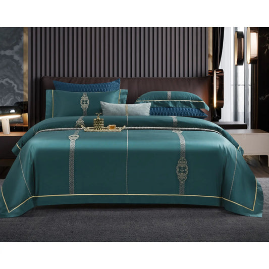 Turquoise Jacquard Super King Bedsheet Set with Gold Embroidery – 800 TC Egyptian Cotton
