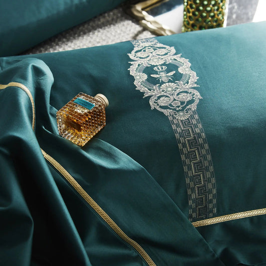 Turquoise Jacquard Super King Bedsheet Set with Gold Embroidery – 800 TC Egyptian Cotton