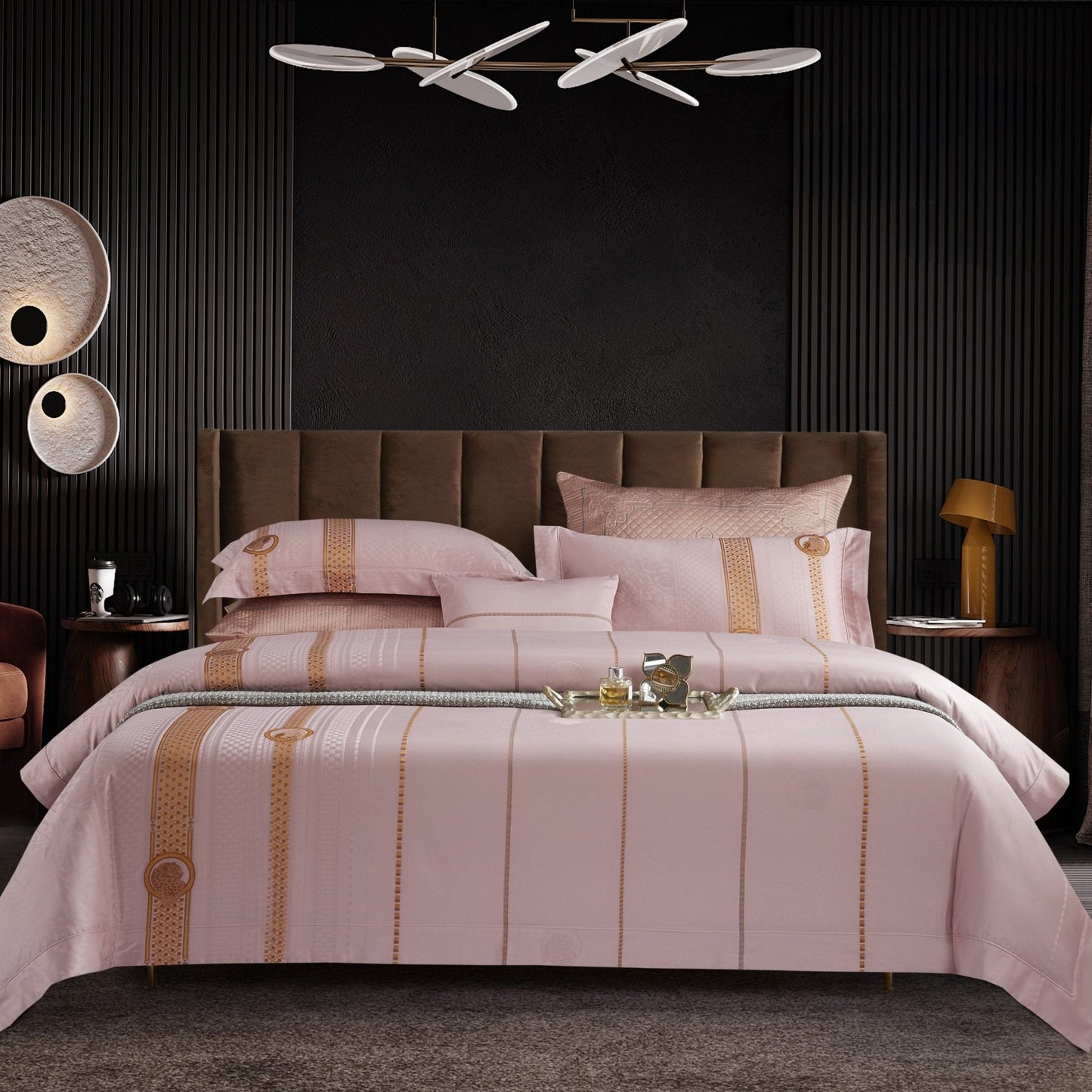 Blush Pink Jacquard Super King Bedsheet Set with Gold Detailing | 100% Egyptian Cotton