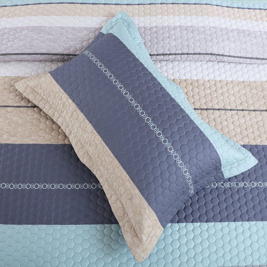 Blue & Beige Striped King Size 5 Piece Quilted Bedcover Set (100% Cotton)
