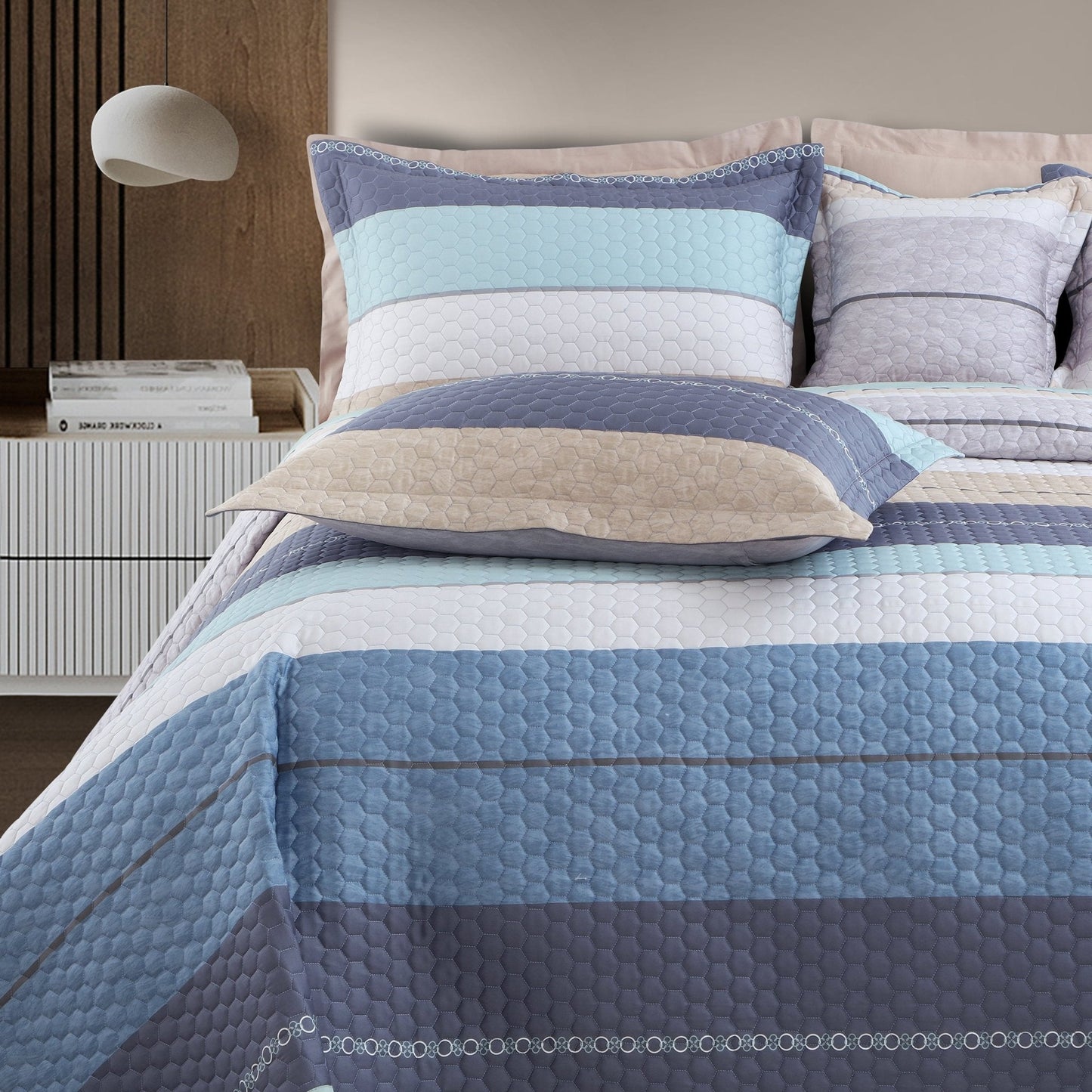 Blue & Beige Striped King Size 5 Piece Quilted Bedcover Set (100% Cotton)