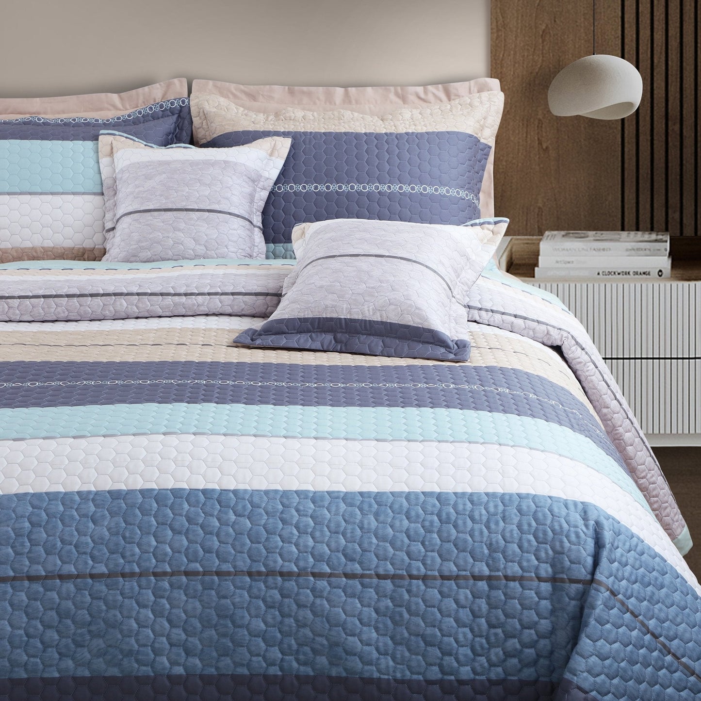 Blue & Beige Striped King Size 5 Piece Quilted Bedcover Set (100% Cotton)