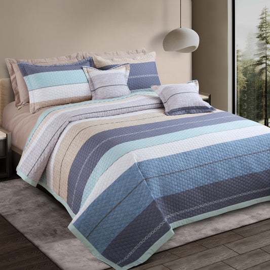 Blue & Beige Striped King Size 5 Piece Quilted Bedcover Set (100% Cotton)