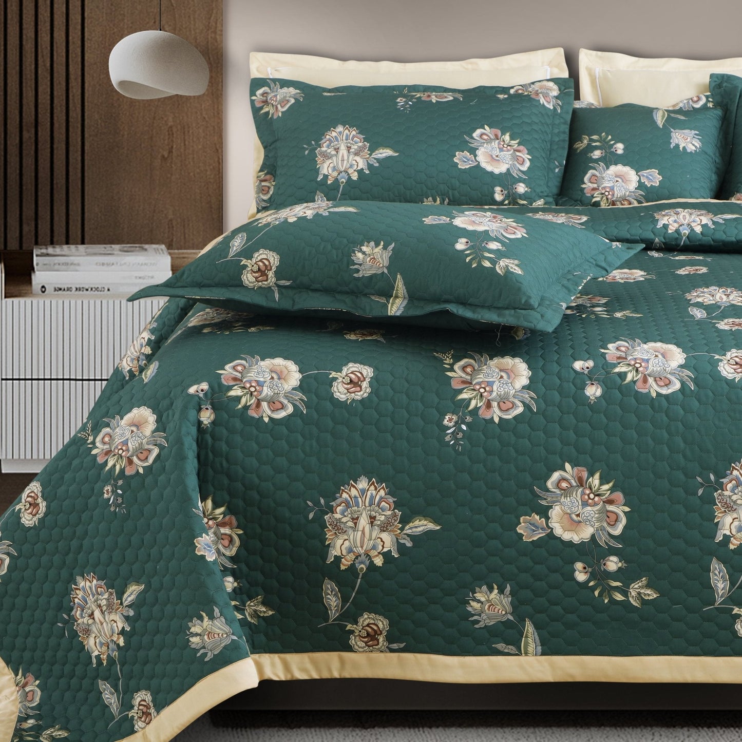 Tea Green Botanical 100% Cotton Quilted Bedcover Set – 5-Pcs King Size