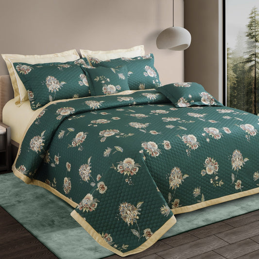 Tea Green Botanical 100% Cotton Quilted Bedcover Set – 5-Pcs King Size