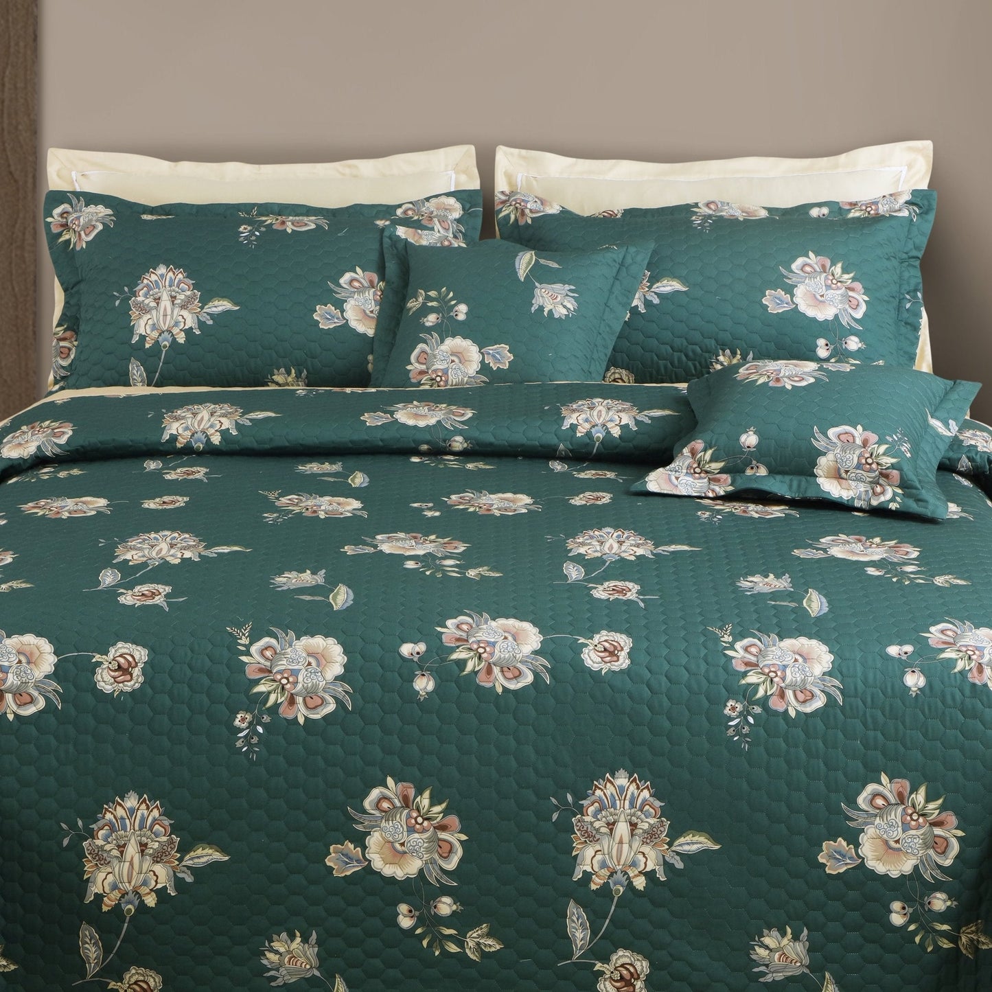 Tea Green Botanical 100% Cotton Quilted Bedcover Set – 5-Pcs King Size