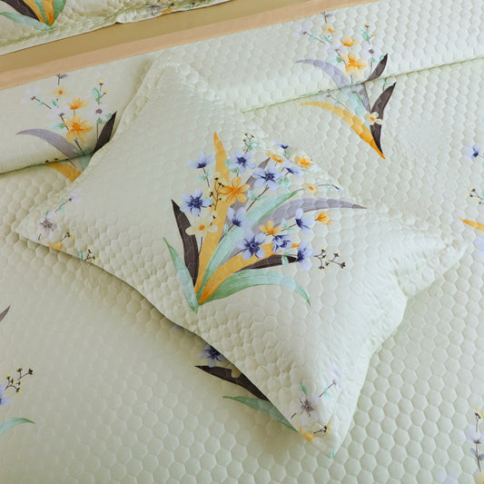Botanical Bloom Tea Green Quilted Bedcover Set – 5-Piece King Size (100% Cotton)