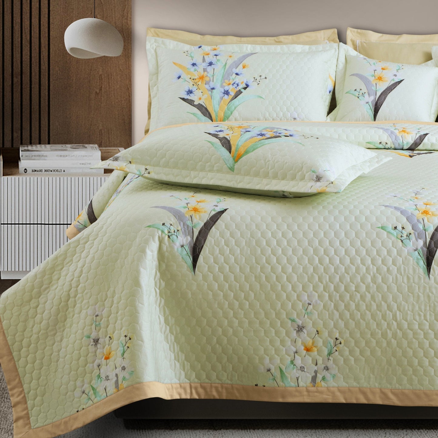 Botanical Bloom Tea Green Quilted Bedcover Set – 5-Piece King Size (100% Cotton)