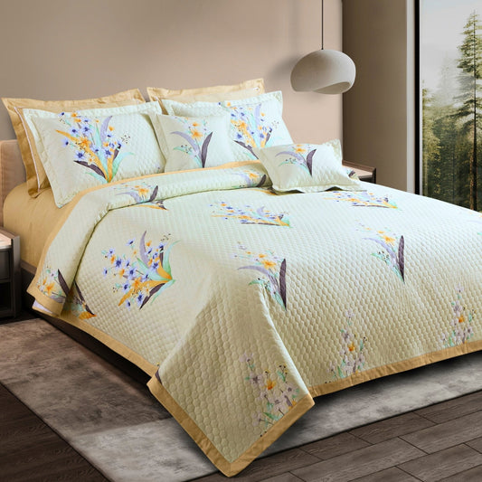 Botanical Bloom Tea Green Quilted Bedcover Set – 5-Piece King Size (100% Cotton)
