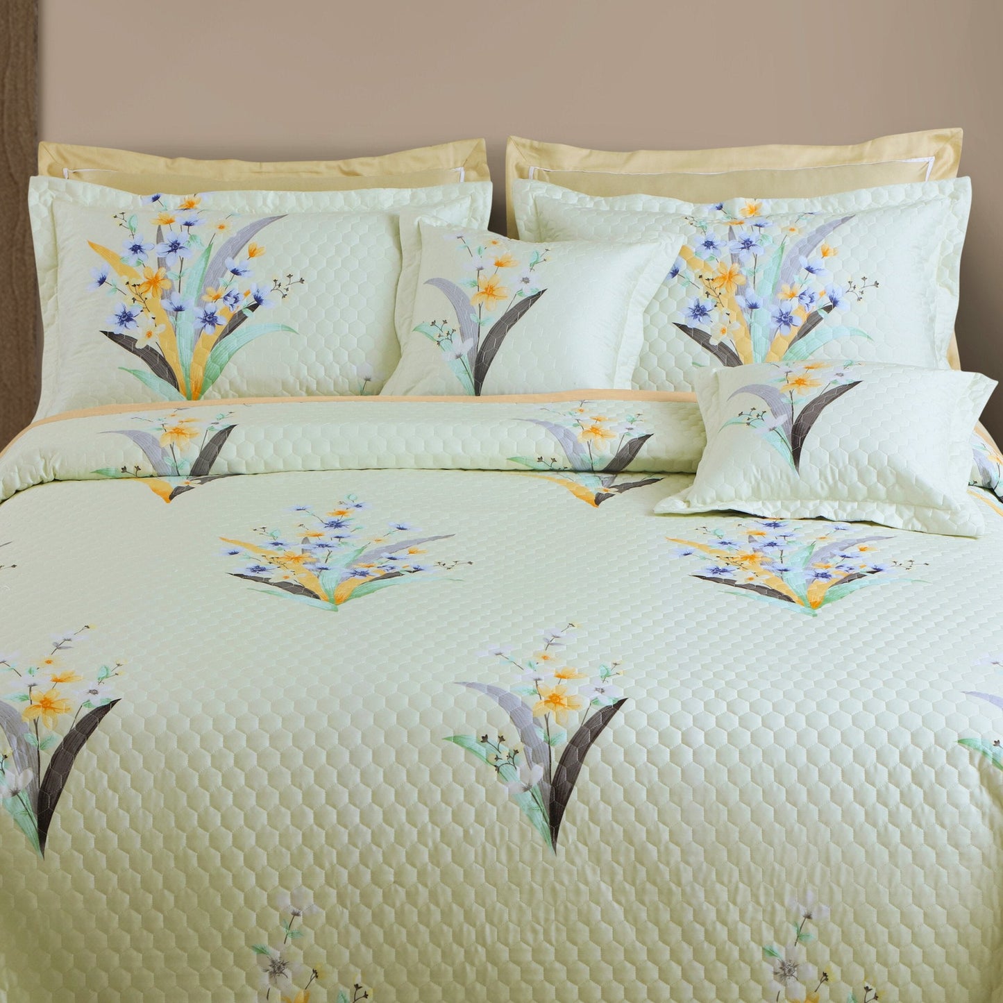 Botanical Bloom Tea Green Quilted Bedcover Set – 5-Piece King Size (100% Cotton)