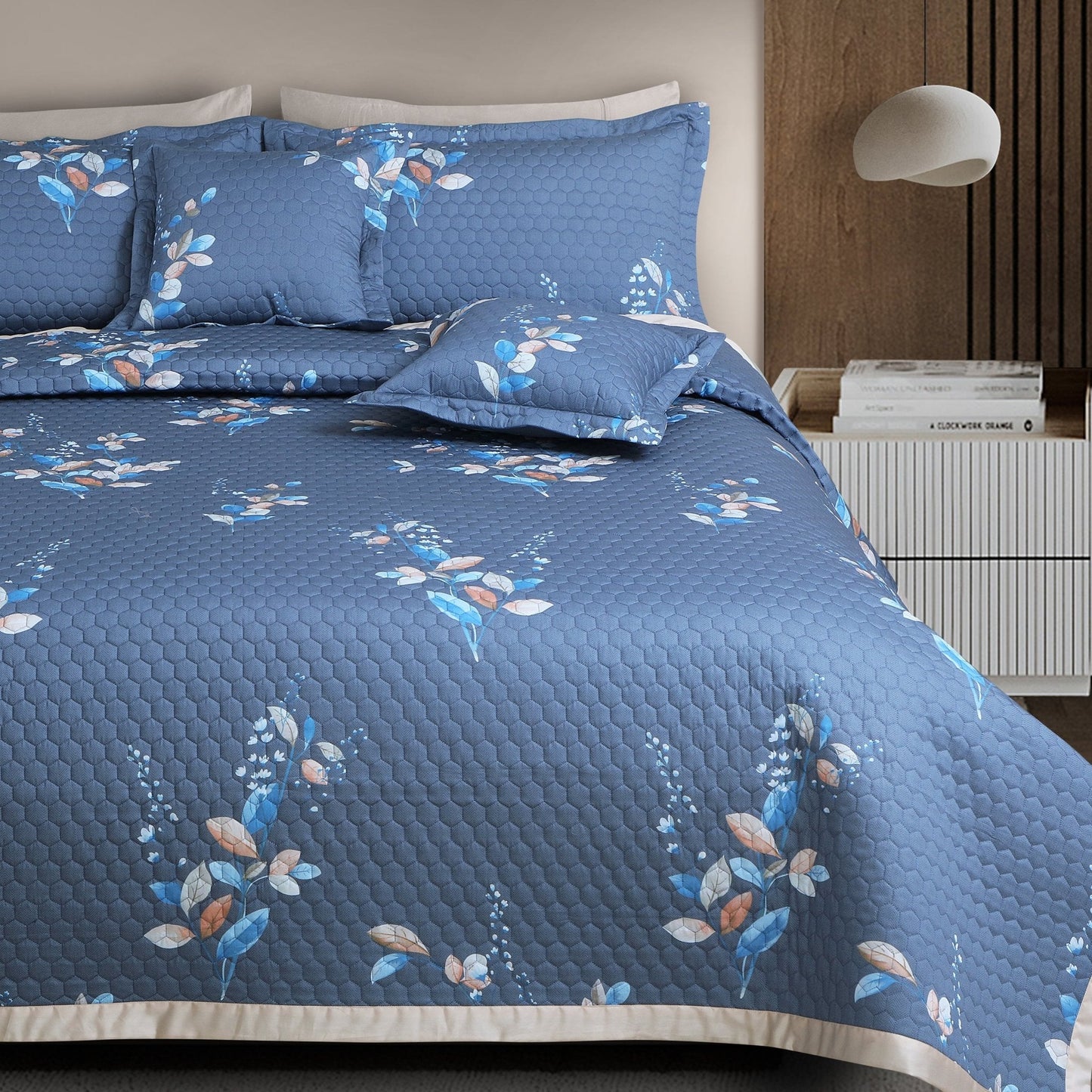 Botanical Serenity Blue Quilted Bedcover Set – 5-Piece King Size (100% Cotton)