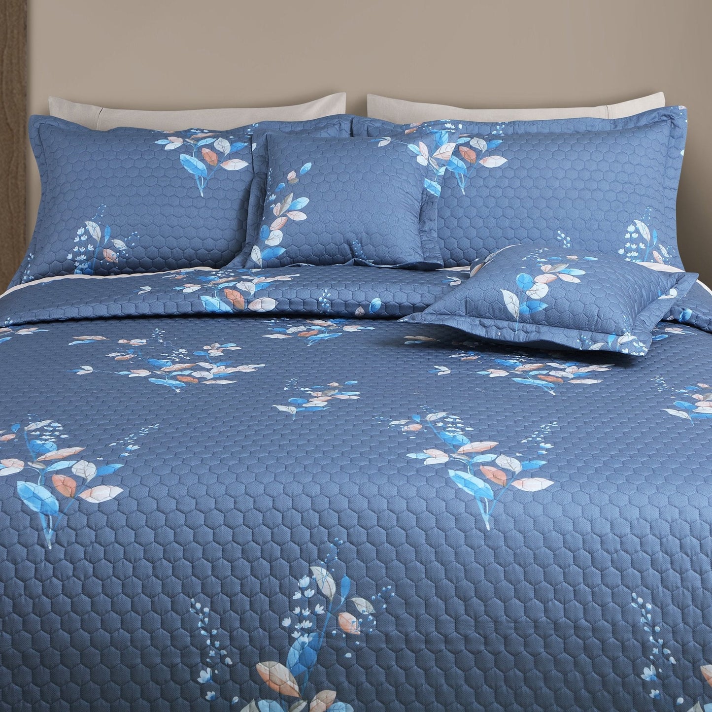 Botanical Serenity Blue Quilted Bedcover Set – 5-Piece King Size (100% Cotton)