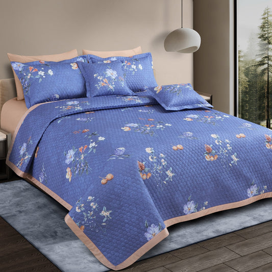 Blue Botanical 100% Cotton Quilted Bedcover Set – 5-Piece King Size