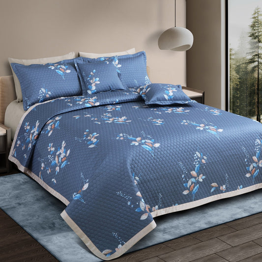 Botanical Serenity Blue Quilted Bedcover Set – 5-Piece King Size (100% Cotton)