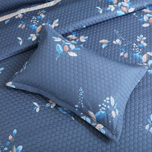 Botanical Serenity Blue Quilted Bedcover Set – 5-Piece King Size (100% Cotton)