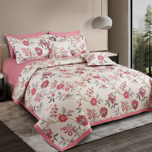 Floral Beige & Pink 100% Cotton Quilted Bedcover Set – King Size 5-Piece