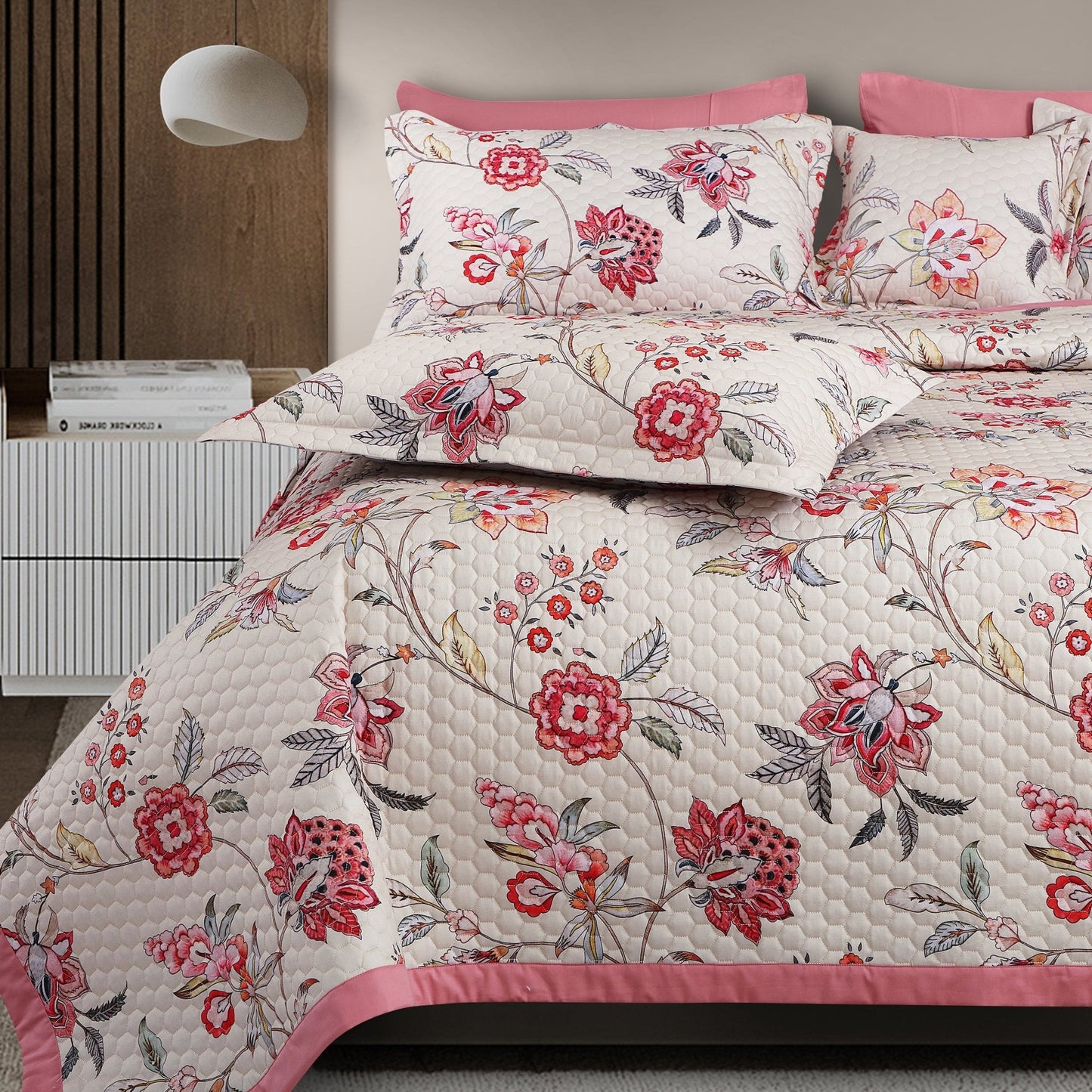 Floral Beige & Pink 100% Cotton Quilted Bedcover Set – King Size 5-Piece