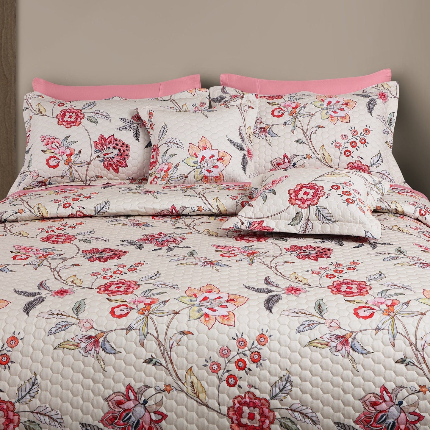 Floral Beige & Pink 100% Cotton Quilted Bedcover Set – King Size 5-Piece