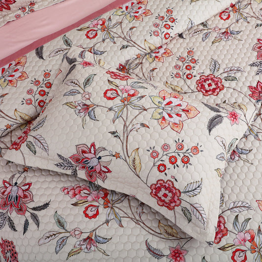 Floral Beige & Pink 100% Cotton Quilted Bedcover Set – King Size 5-Piece