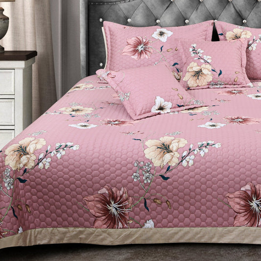 Pink Floral Quilted Cotton Bedcover Set – King Size 5-Piece Luxury Bedding