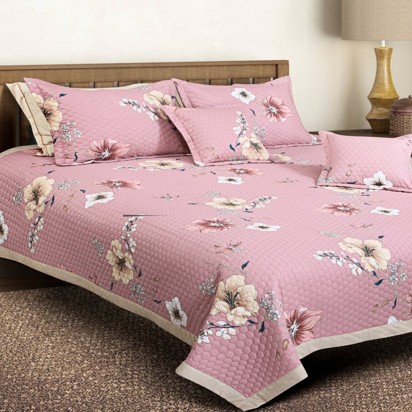 Pink Floral Quilted Cotton Bedcover Set – King Size 5-Piece Luxury Bedding