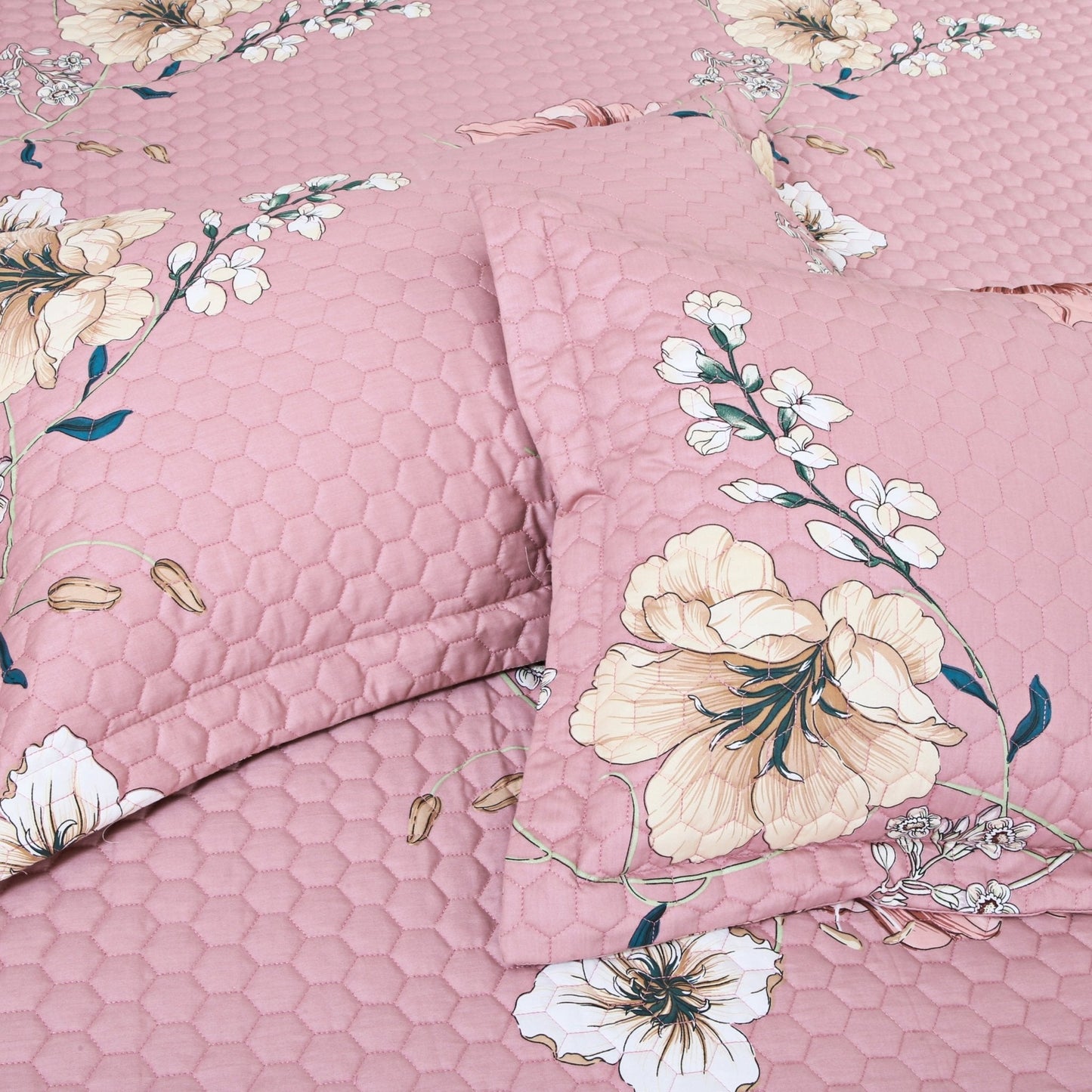Pink Floral Quilted Cotton Bedcover Set – King Size 5-Piece Luxury Bedding