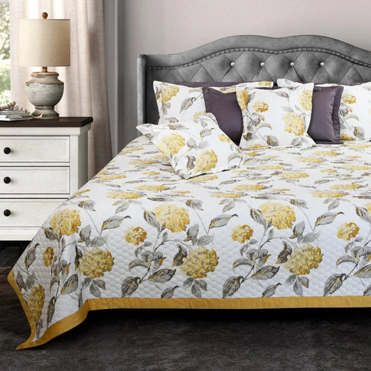 Grey & Yellow Botanical Cotton Quilted Bedcover Set – King Size 5-Piece Bedding