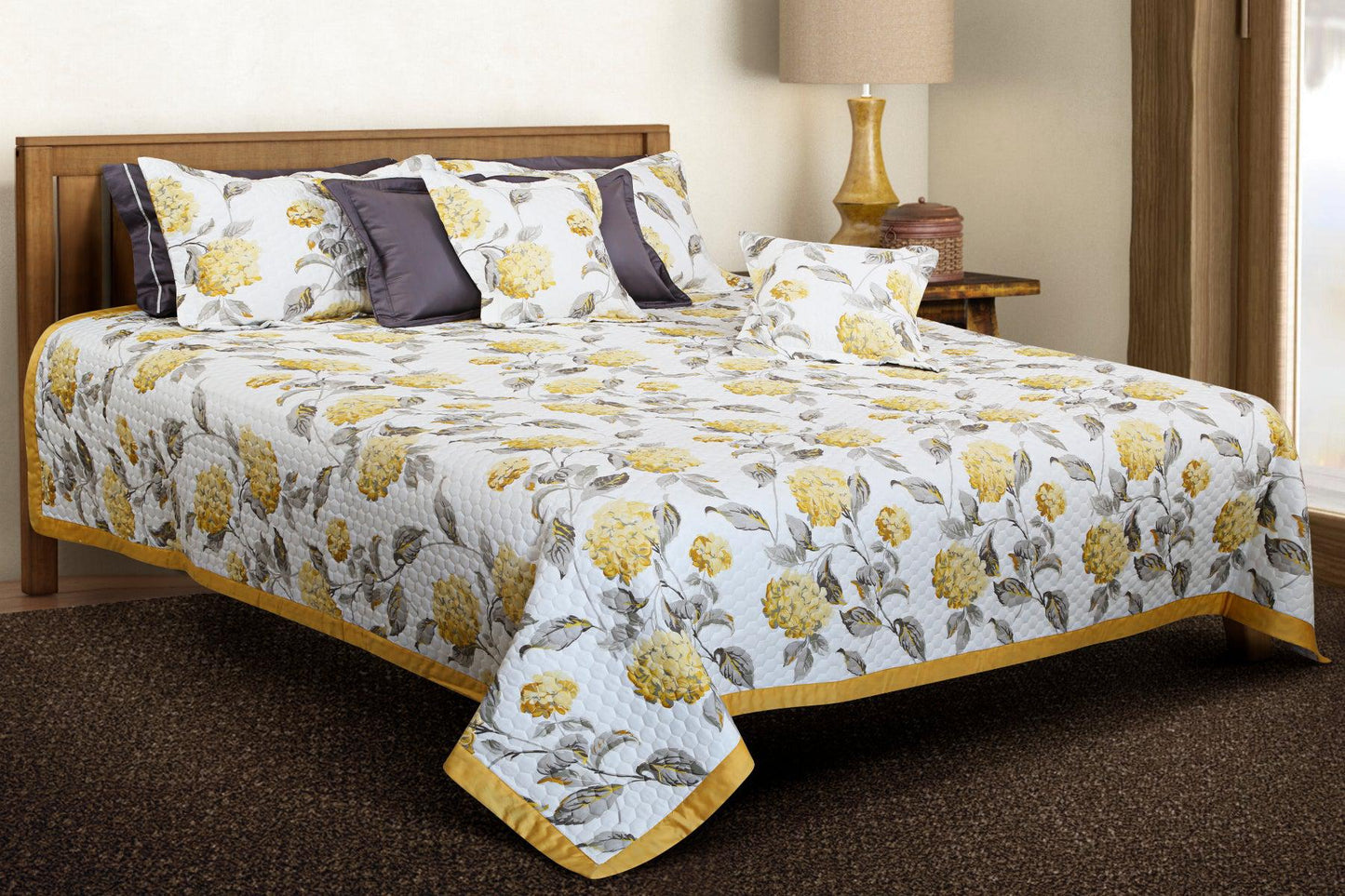 Grey & Yellow Botanical Cotton Quilted Bedcover Set – King Size 5-Piece Bedding
