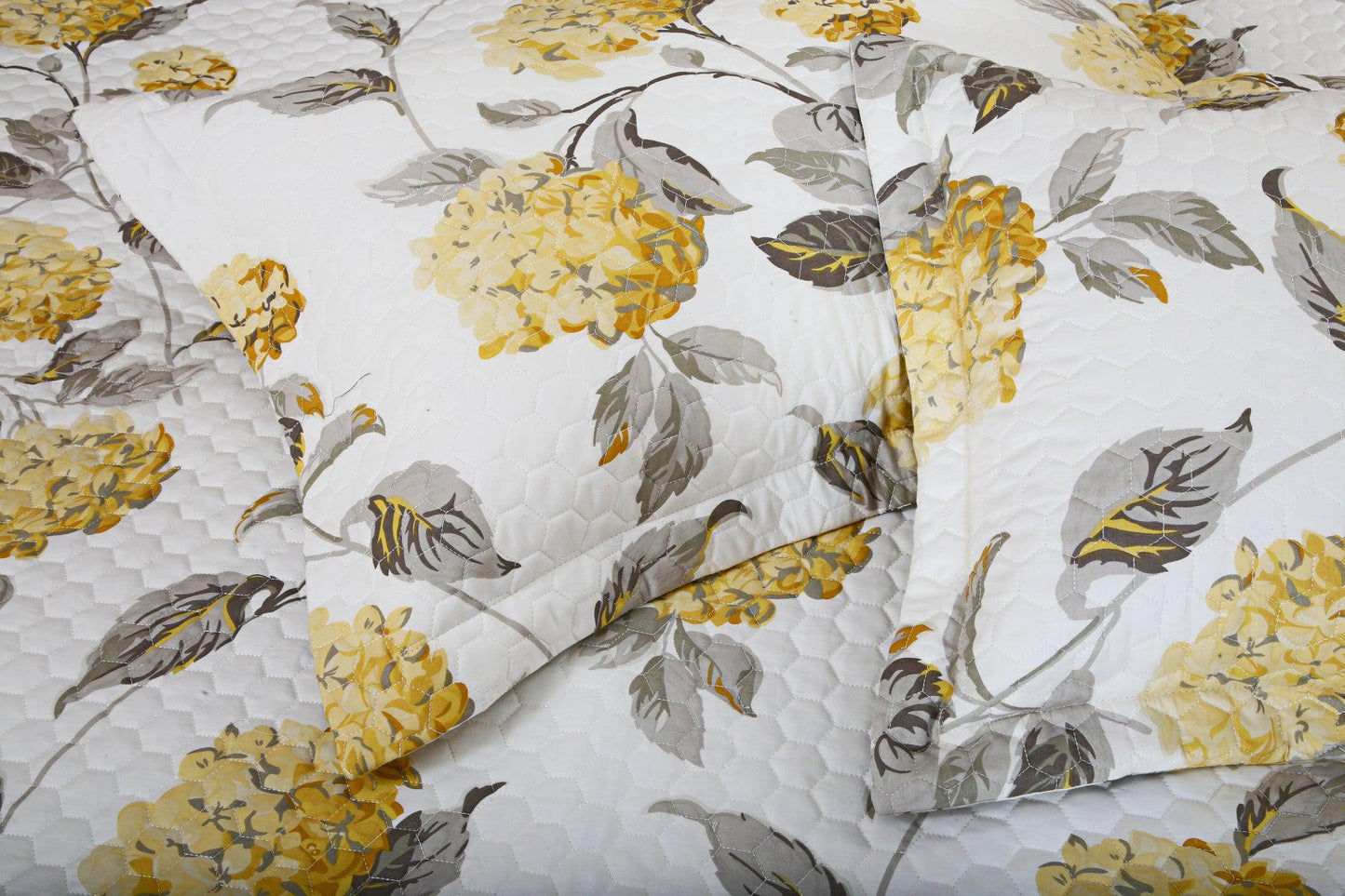 Grey & Yellow Botanical Cotton Quilted Bedcover Set – King Size 5-Piece Bedding