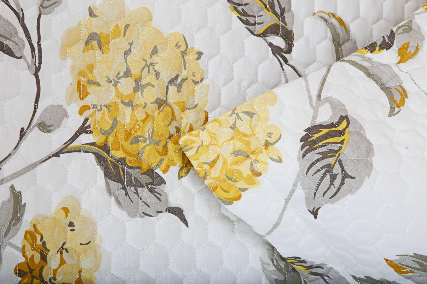 Grey & Yellow Botanical Cotton Quilted Bedcover Set – King Size 5-Piece Bedding