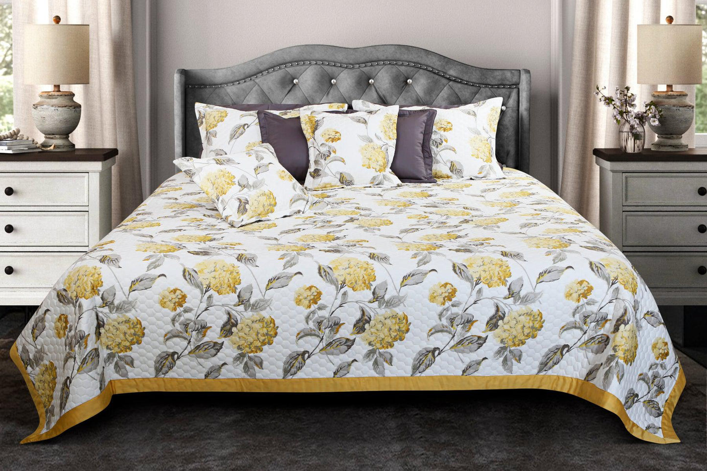 Grey & Yellow Botanical Cotton Quilted Bedcover Set – King Size 5-Piece Bedding