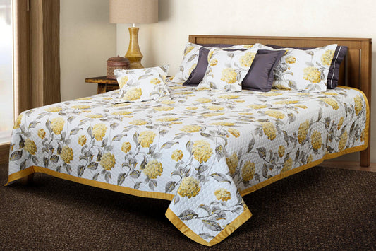 Grey & Yellow Botanical Cotton Quilted Bedcover Set – King Size 5-Piece Bedding