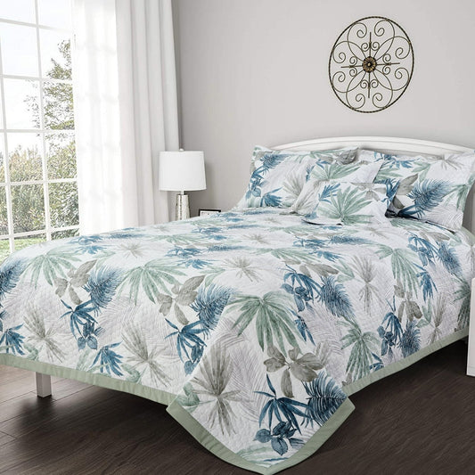 White Botanical Quilted Bedcover Set – 5-Piece King Size | 100% Cotton