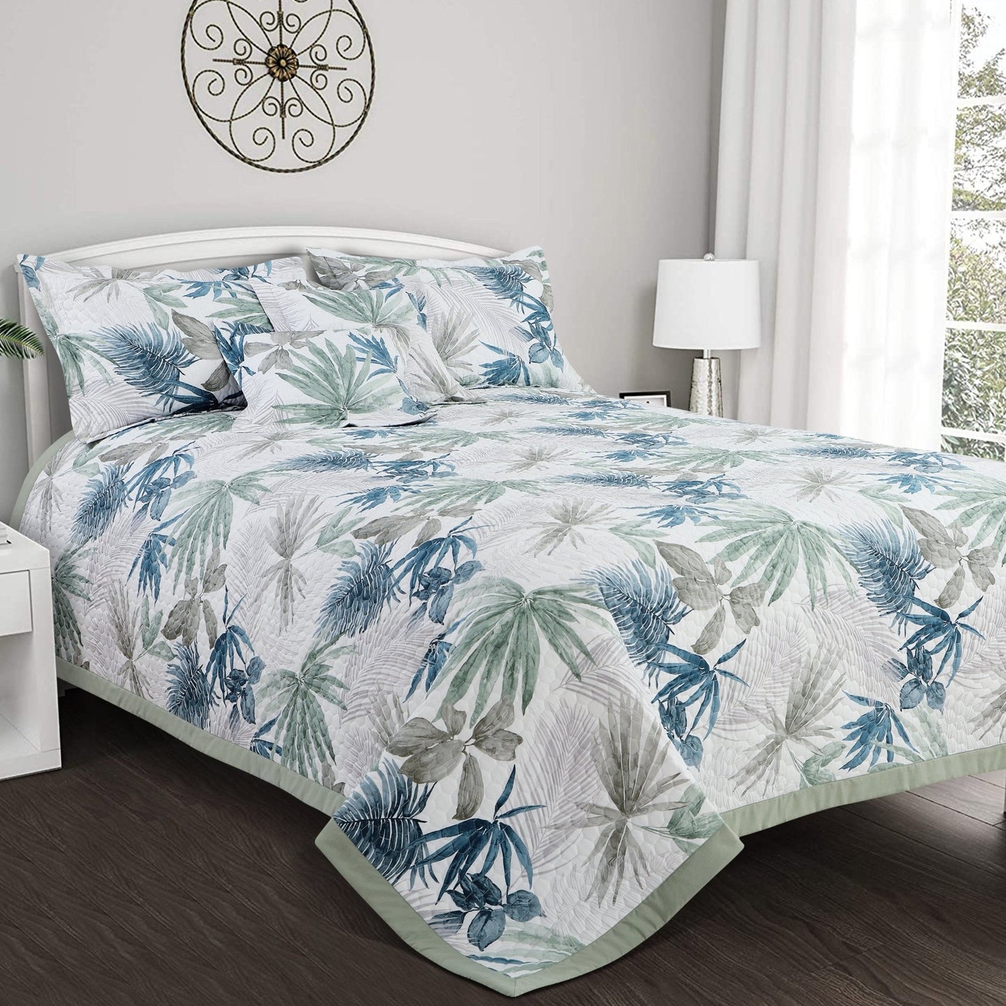 White Botanical Quilted Bedcover Set – 5-Piece King Size | 100% Cotton