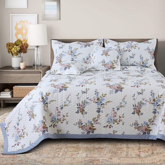 Elegant White Floral King Size 5 Pieces Quilted Cotton Bedcover Set
