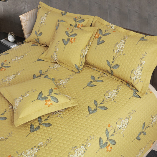 Yellow Botanical Cotton Quilted Bedcover Set – 5-Piece King Size Bedding