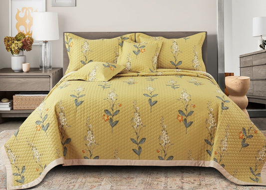 Yellow Botanical Cotton Quilted Bedcover Set – 5-Piece King Size Bedding