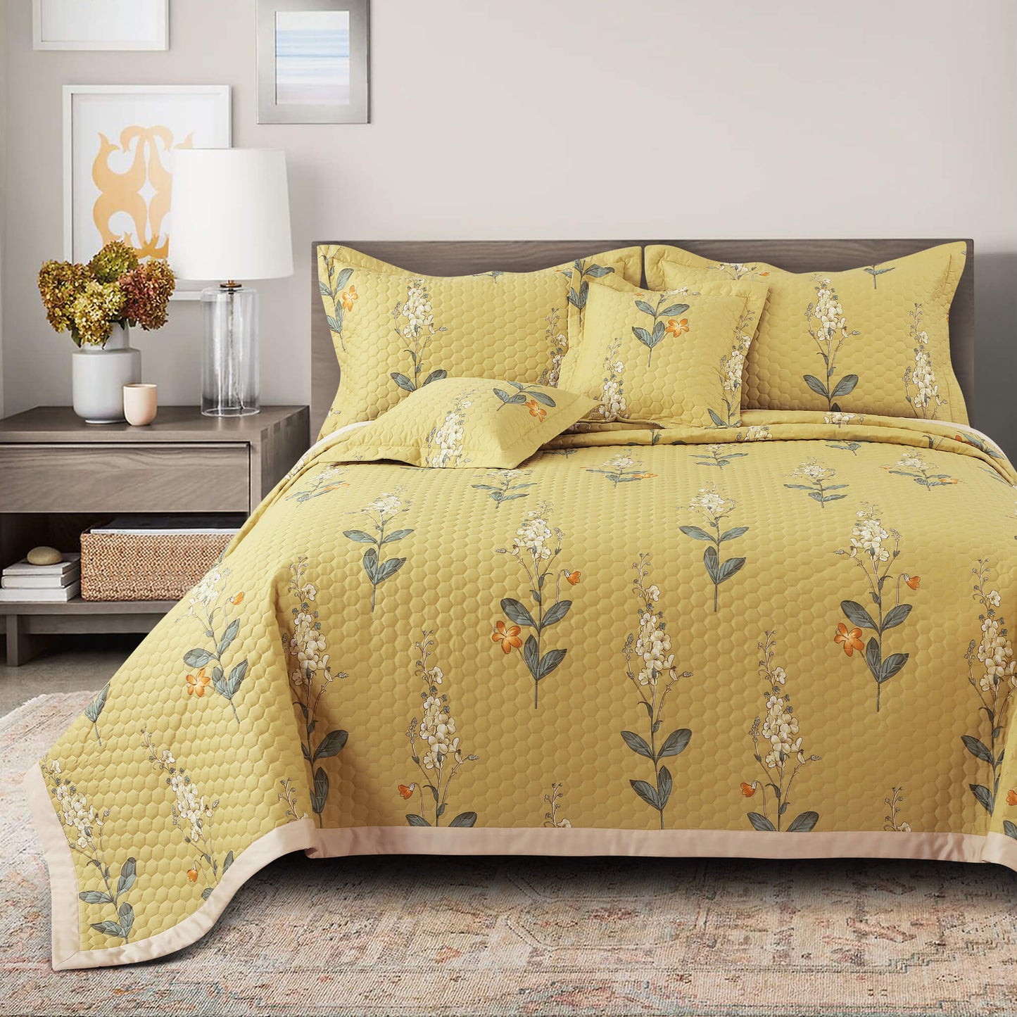 Yellow Botanical Cotton Quilted Bedcover Set – 5-Piece King Size Bedding