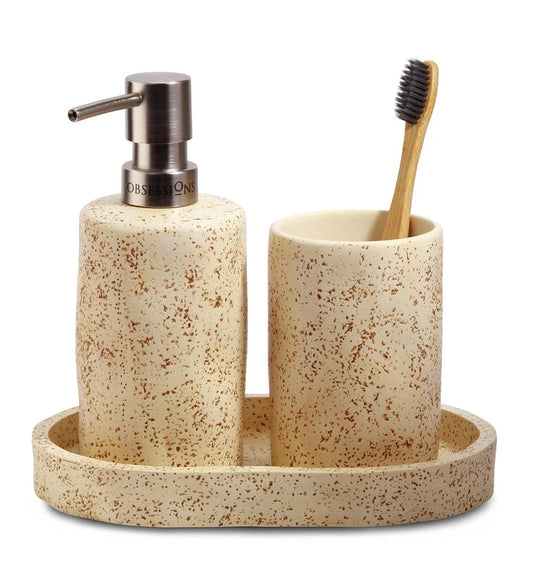 Obsessions 3-Piece Polyresin Bathroom Accessory Set – Beige Textured Lightweight & Compact